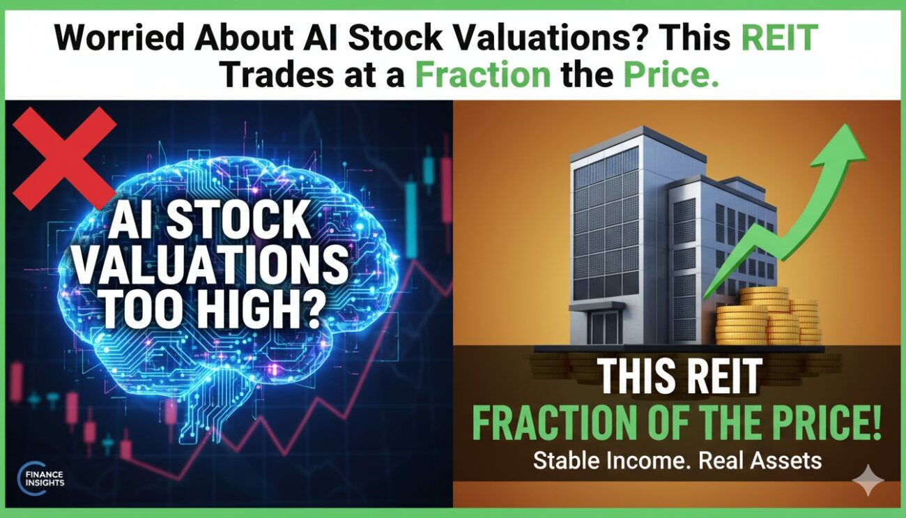 A split-image graphic showing inflated AI stock charts on one side and a stable data center building on the other, emphasizing valuation contrasts.