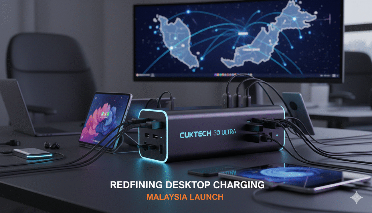 Sleek CUKTECH 30 Ultra Charging Station with multiple ports and digital display on a modern desk setup