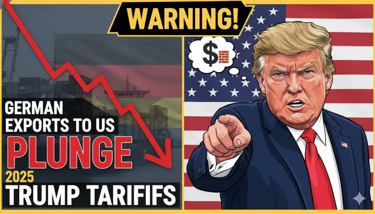 Line chart depicting the downward trend in German exports to the United States throughout 2025, with highlighted drops in automotive and machinery sectors against a backdrop of American and German flags.