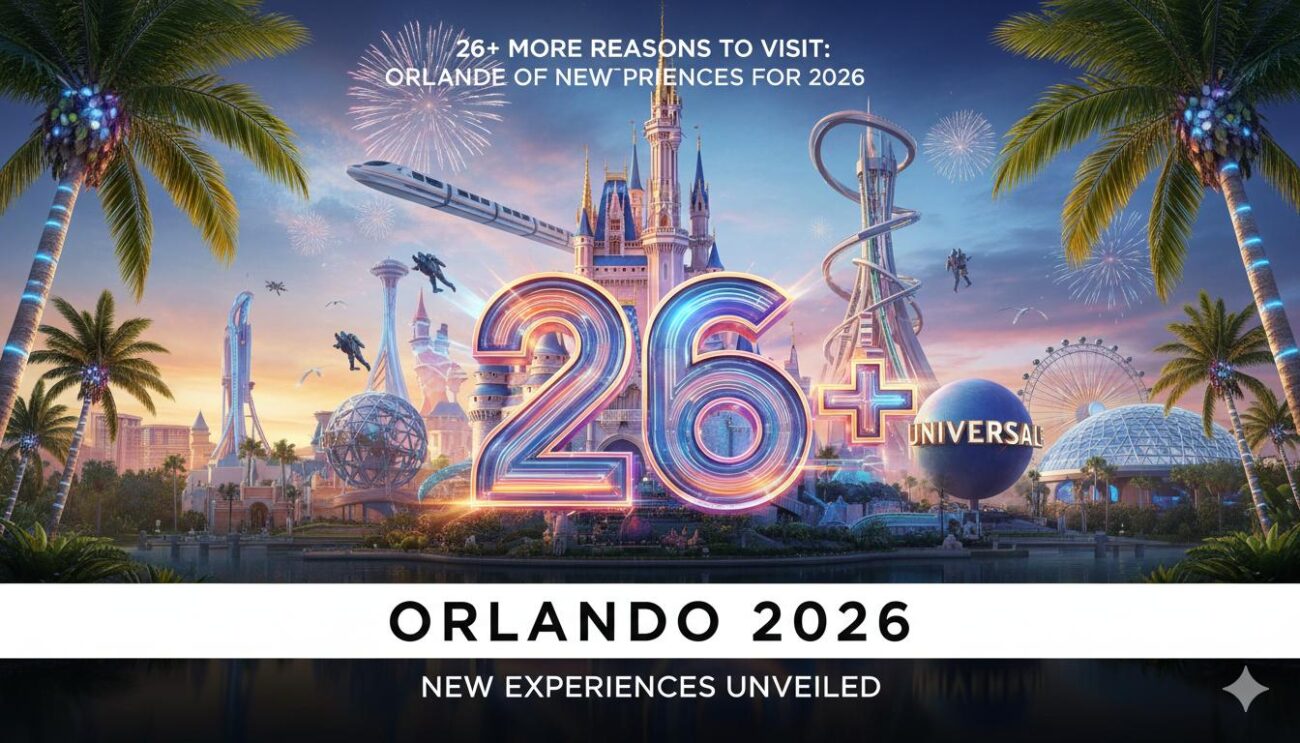Vibrant skyline of Orlando with theme park icons and new attraction highlights for 2026
