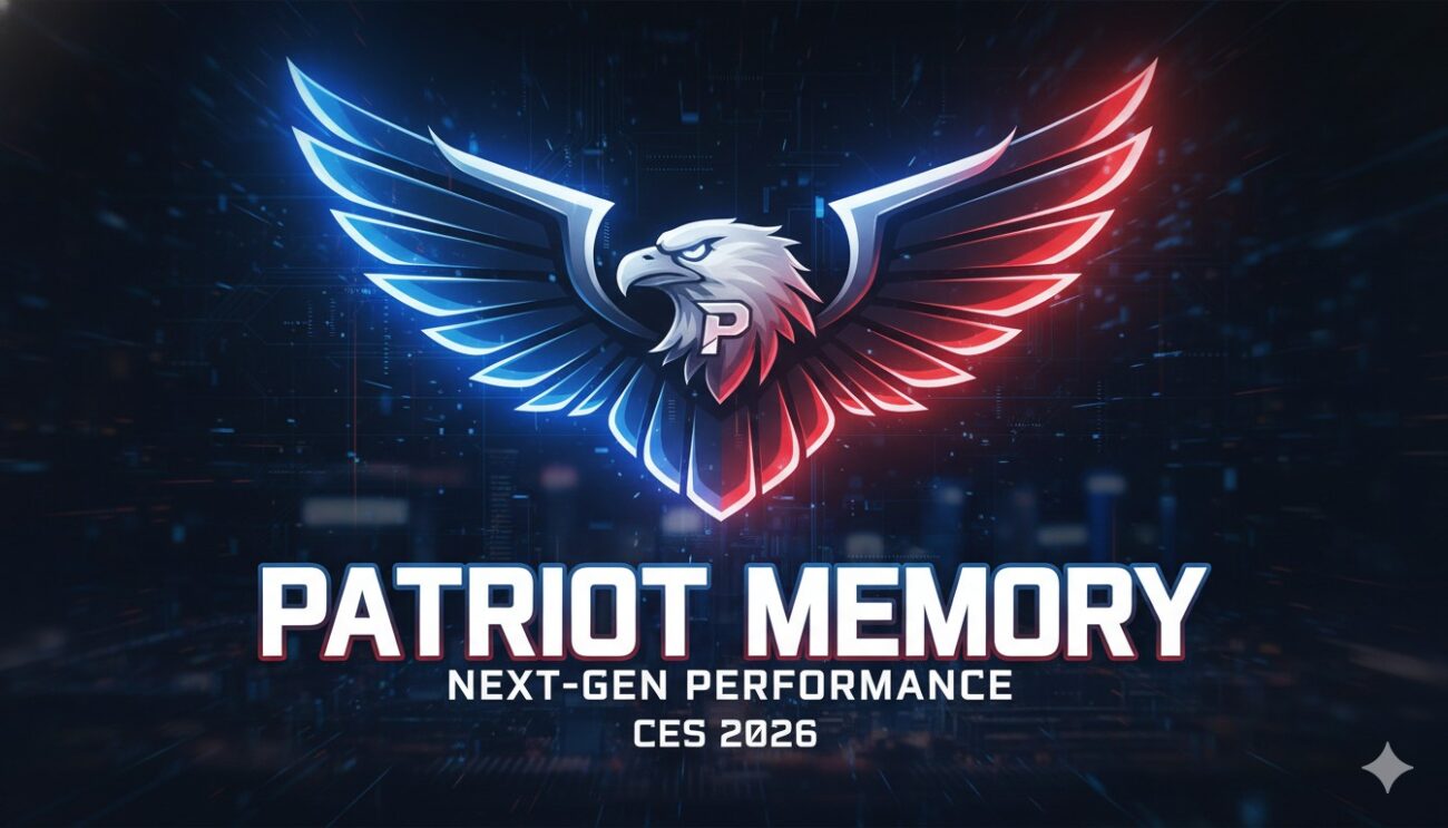 Patriot Memory display featuring Viper DDR5 modules and Gen5 SSDs at a tech expo booth with glowing product showcases and attendees in the background.
