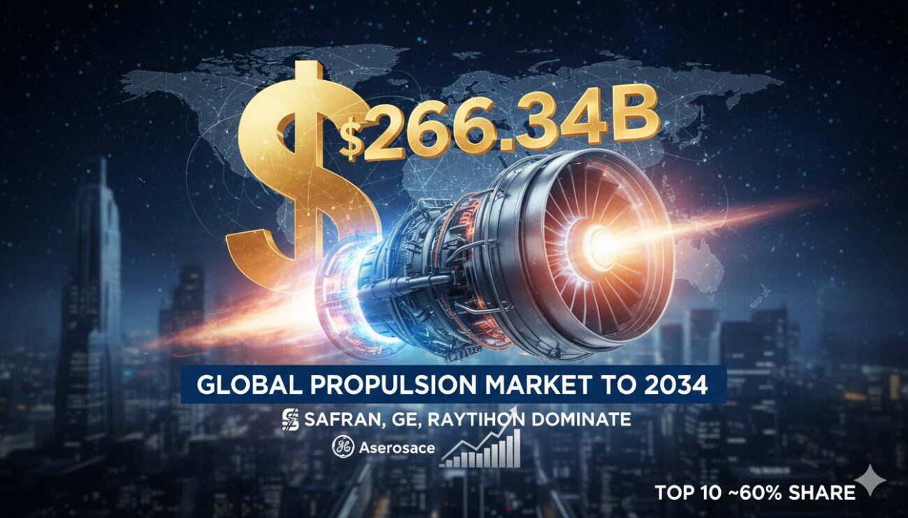 Graph illustrating the global propulsion systems market growth projection to $266 billion by 2034 with key player dominance.