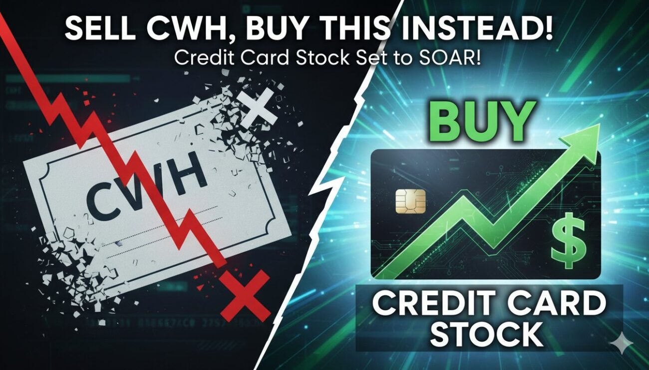 A split-image comparison showing a recreational vehicle parked in a campground on one side and a sleek credit card with digital payment icons on the other, symbolizing a shift from leisure spending to financial services.