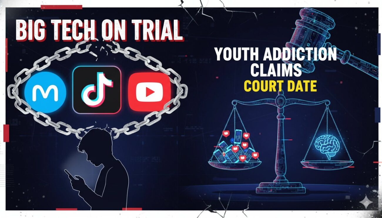 Courtroom illustration featuring logos of Meta, TikTok, and YouTube with executives testifying.