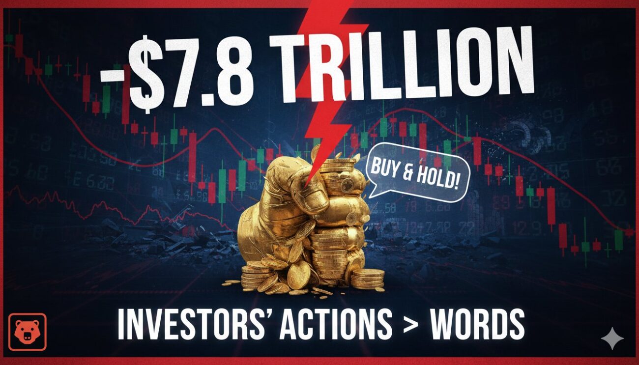 Stock market charts with a large cash pile and warning sign overlay