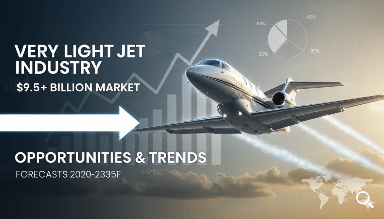 A modern very light jet aircraft in flight over a scenic landscape, showcasing sleek design and aerodynamic efficiency.