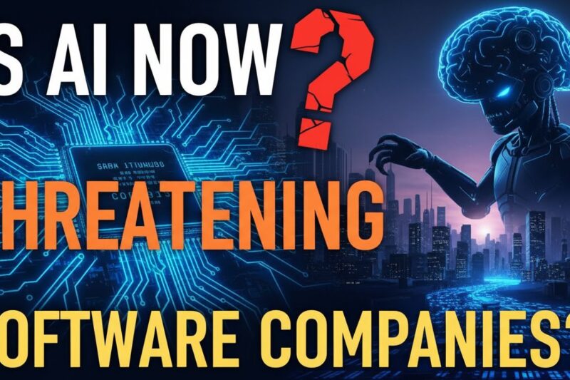 Dramatic illustration of AI neural networks encroaching on traditional software code and application icons, symbolizing potential disruption in the tech sector.