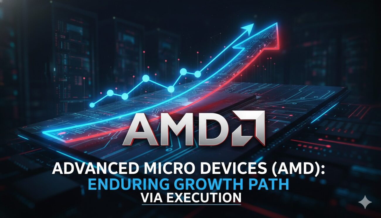 Advanced Micro Devices semiconductor chip with abstract growth chart overlay