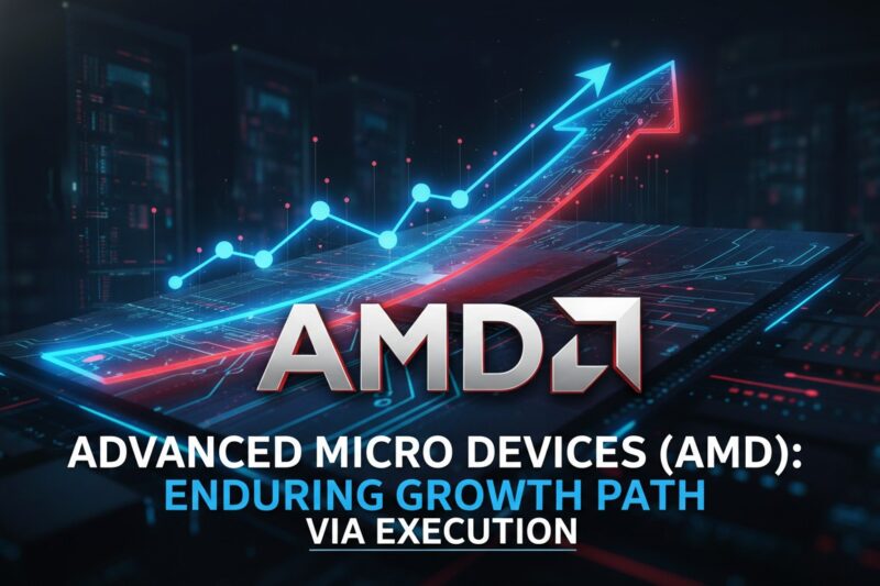 Advanced Micro Devices semiconductor chip with abstract growth chart overlay