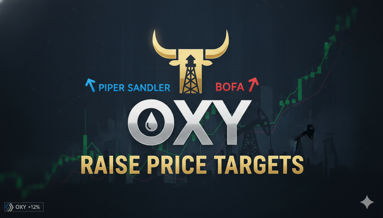 Stock chart showing upward trend for Occidental Petroleum shares with analyst upgrade icons