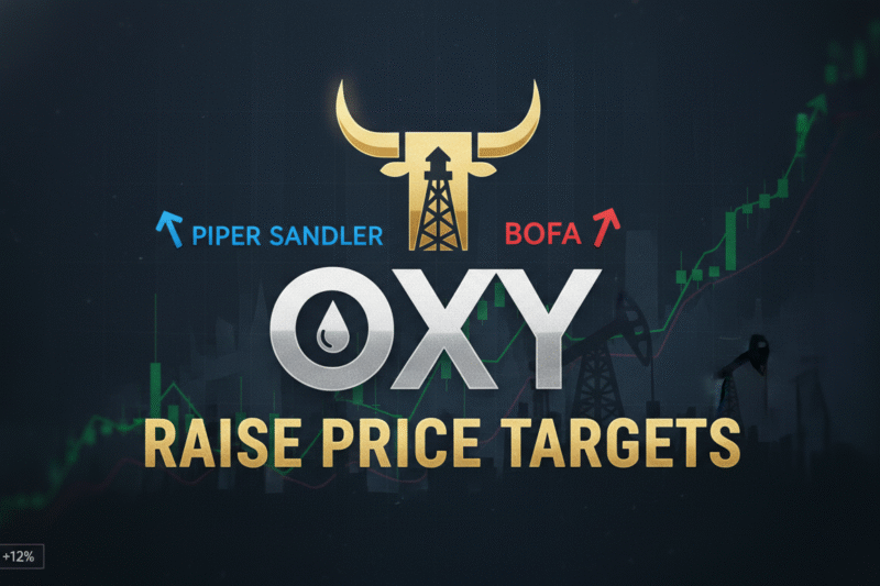 Stock chart showing upward trend for Occidental Petroleum shares with analyst upgrade icons