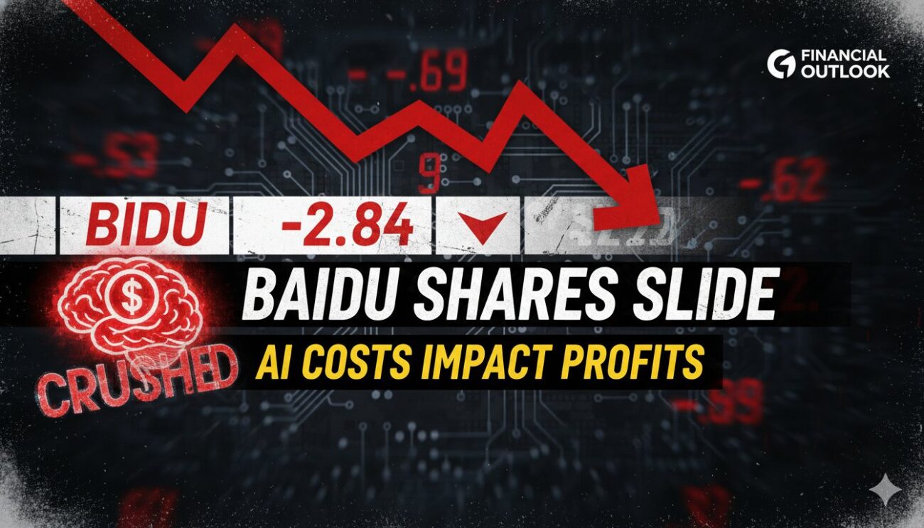 Baidu company logo and stock chart showing downward trend amid AI investment pressures