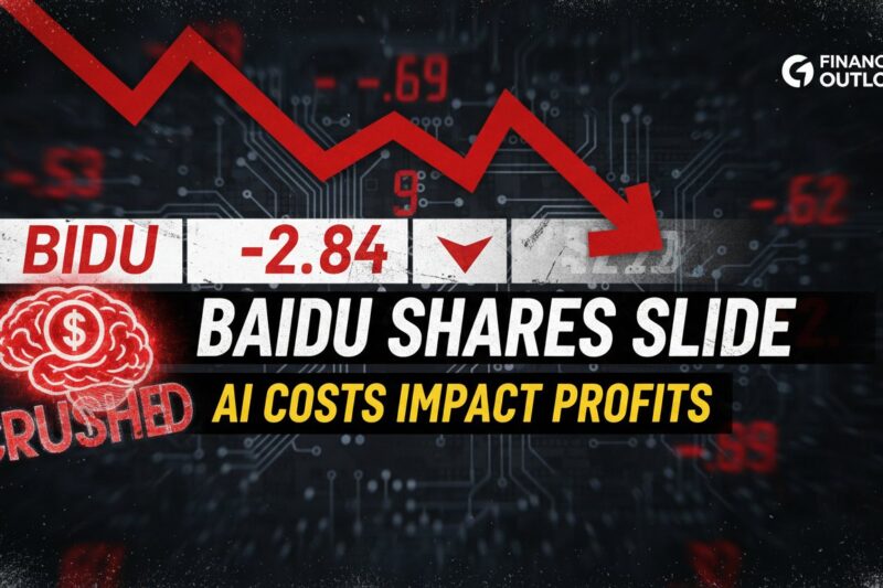 Baidu company logo and stock chart showing downward trend amid AI investment pressures