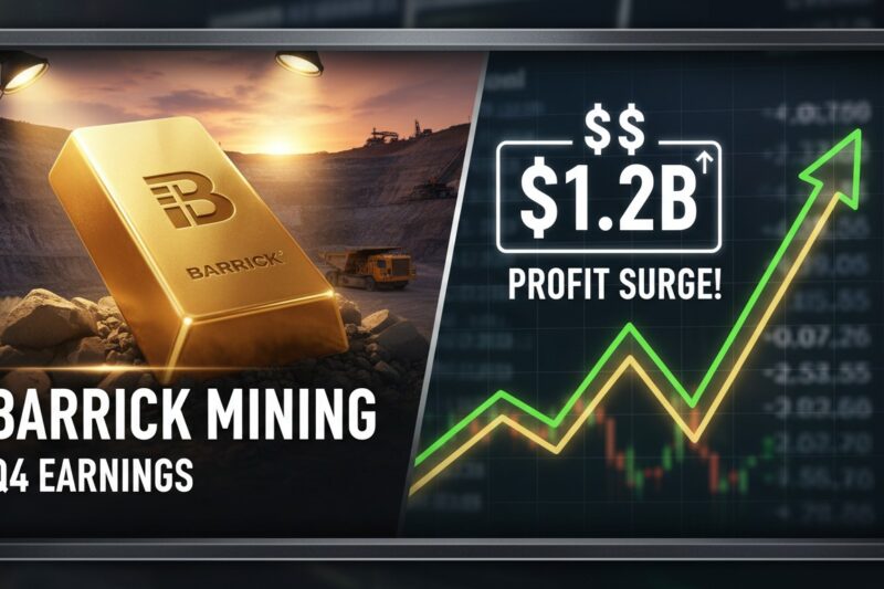 Aerial view of a large open-pit gold mine with heavy machinery and ore processing facilities