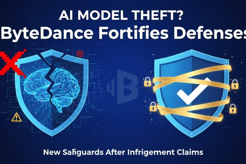 Chinese tech company ByteDance logo with AI-generated video elements and copyright symbols in the background representing infringement concerns