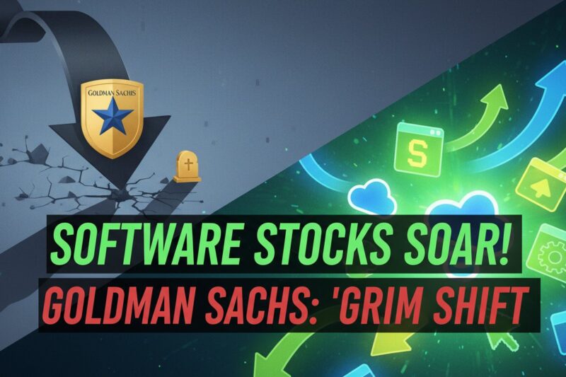 Stock market chart showing software sector decline and rebound with Goldman Sachs logo overlay