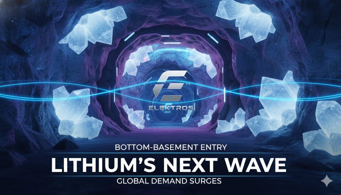 A bustling lithium mining site with machinery extracting ore against a backdrop of surging global demand charts.