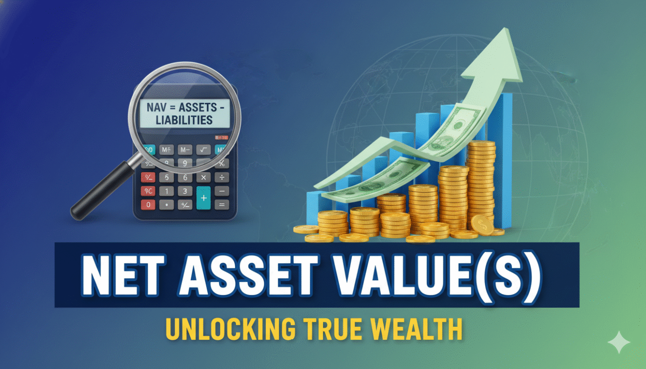 Diagram illustrating the Net Asset Value calculation formula for mutual funds and ETFs with assets, liabilities, and shares outstanding.
