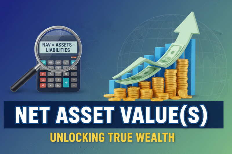 Diagram illustrating the Net Asset Value calculation formula for mutual funds and ETFs with assets, liabilities, and shares outstanding.