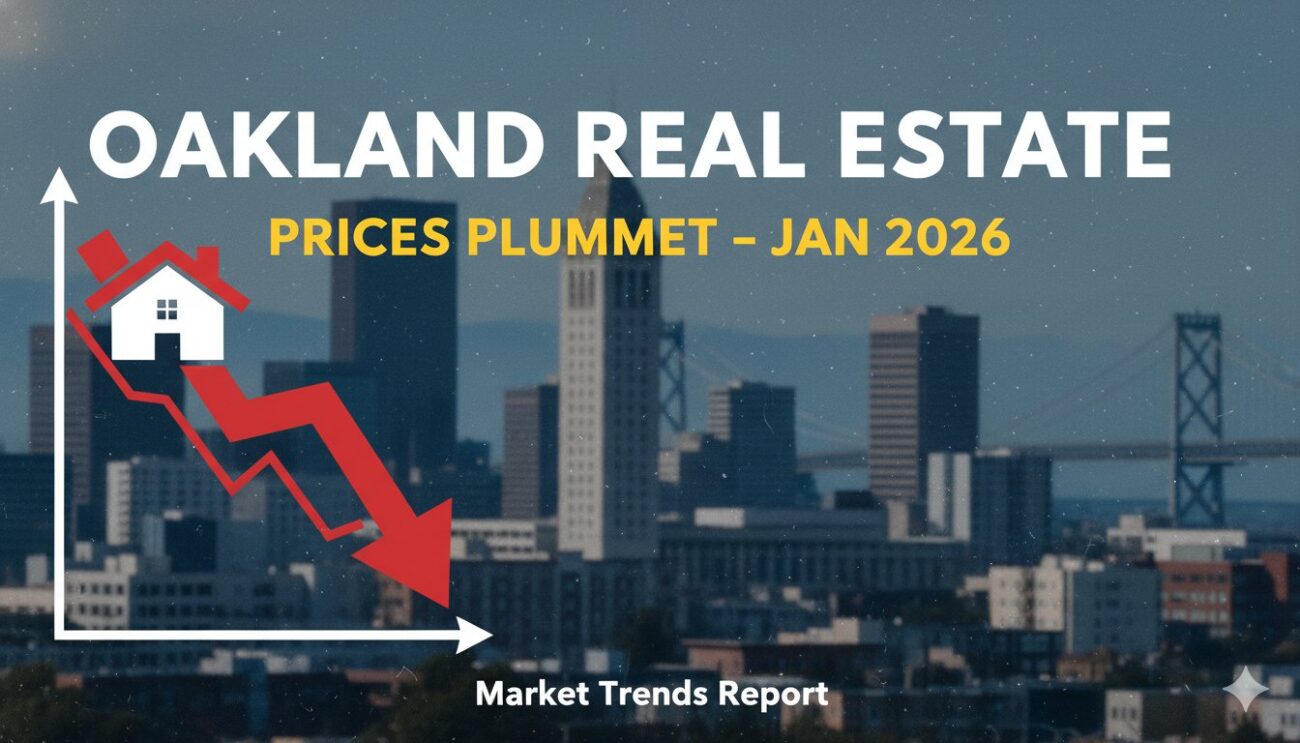 Line chart showing declining median home prices in Oakland, CA, from late 2025 into January 2026, highlighting a 4.5% year-over-year drop.