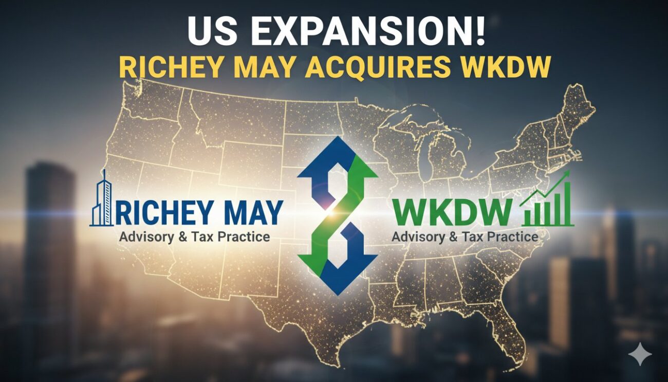 Richey May logo alongside a map highlighting Maryland and the Washington D.C. region, symbolizing the firm's expansion through the acquisition of WKDW.