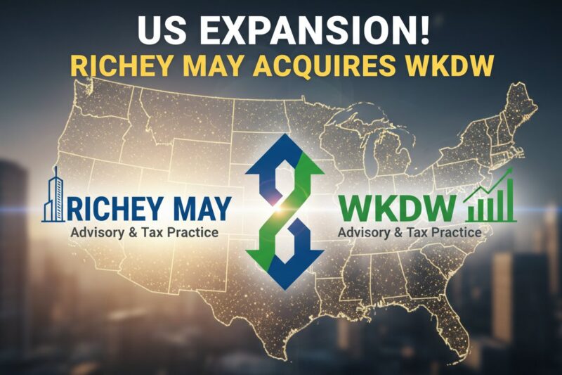 Richey May logo alongside a map highlighting Maryland and the Washington D.C. region, symbolizing the firm's expansion through the acquisition of WKDW.