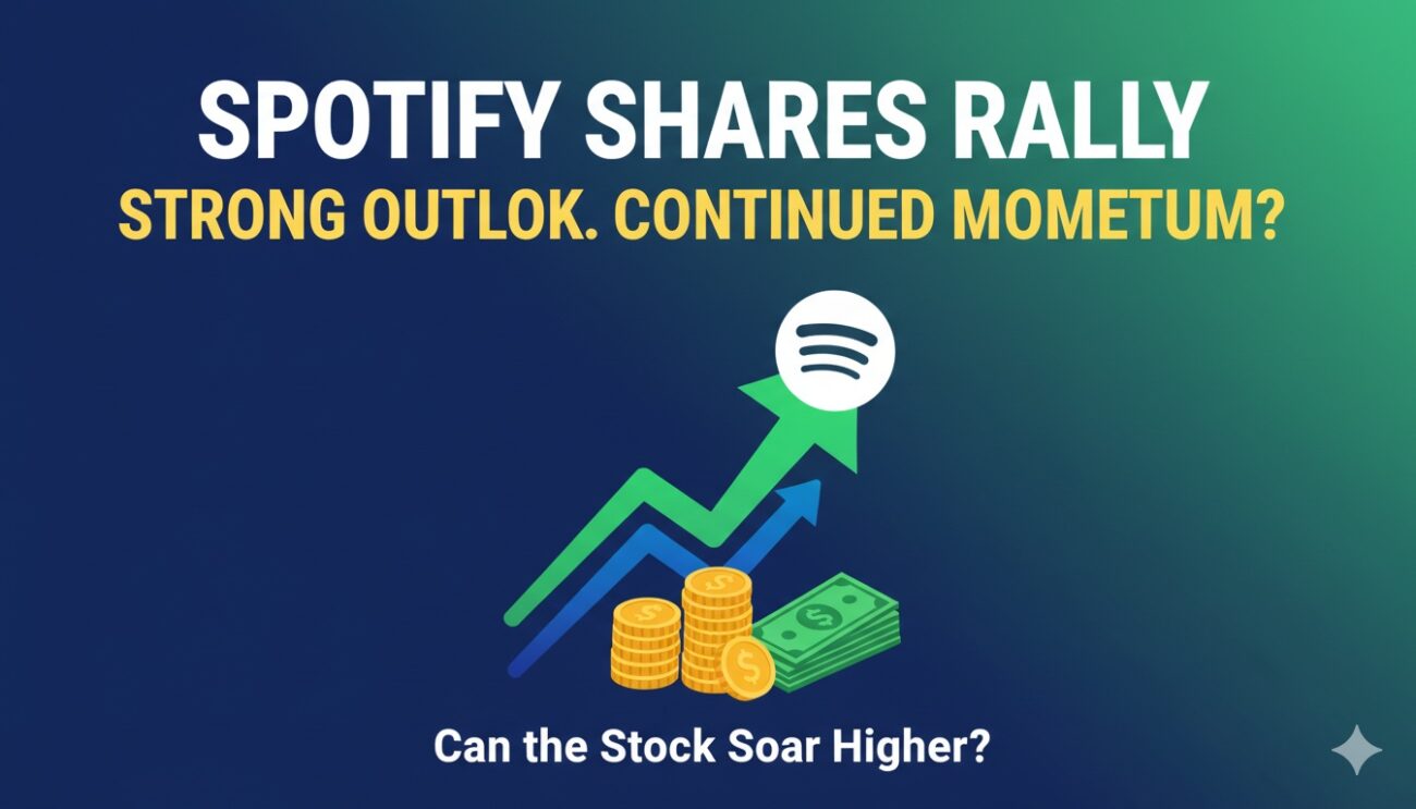 Spotify logo on a rising stock chart with upward green arrows indicating share price rally