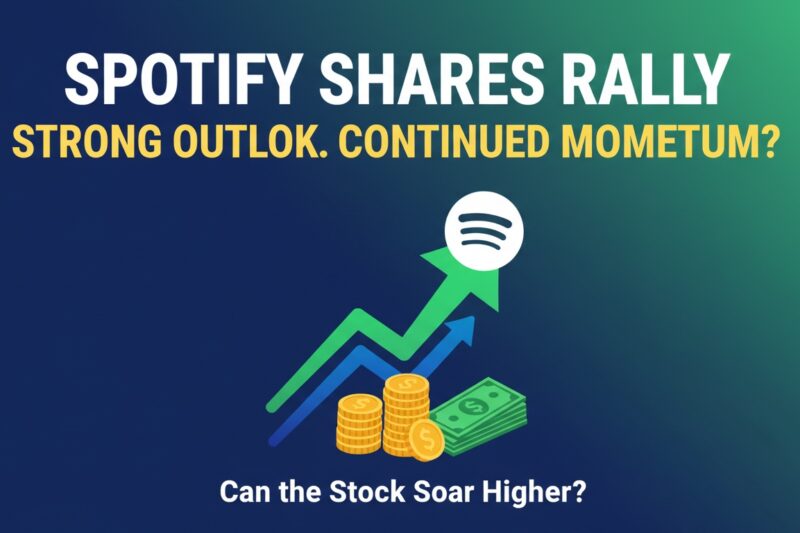 Spotify logo on a rising stock chart with upward green arrows indicating share price rally