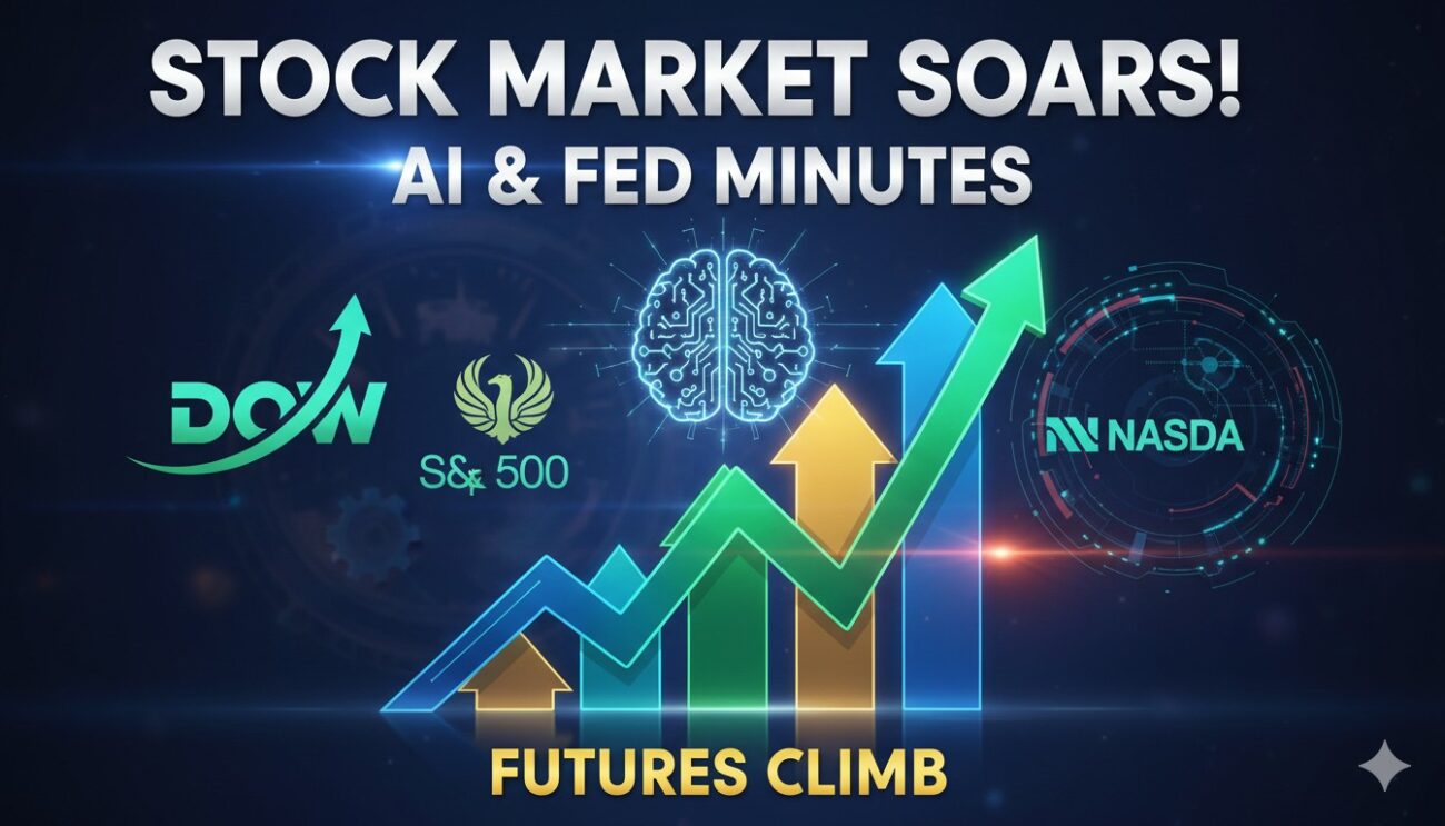 U.S. stock market futures display board showing gains in Dow, S&P 500, and Nasdaq ahead of Fed minutes release
