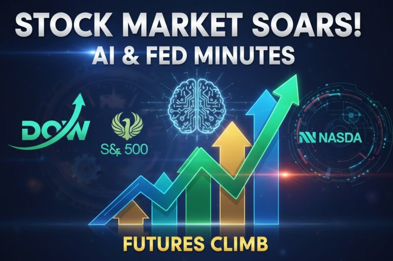 U.S. stock market futures display board showing gains in Dow, S&P 500, and Nasdaq ahead of Fed minutes release