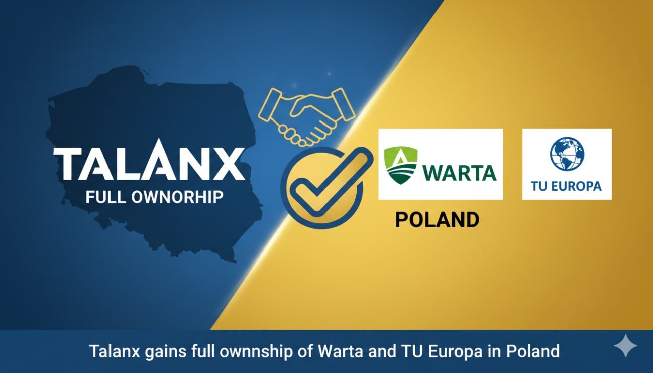 Talanx logo alongside Polish insurance company Warta and TU Europa buildings representing full ownership acquisition in Poland