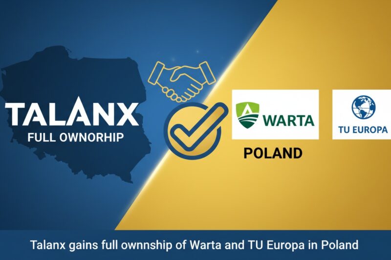 Talanx logo alongside Polish insurance company Warta and TU Europa buildings representing full ownership acquisition in Poland