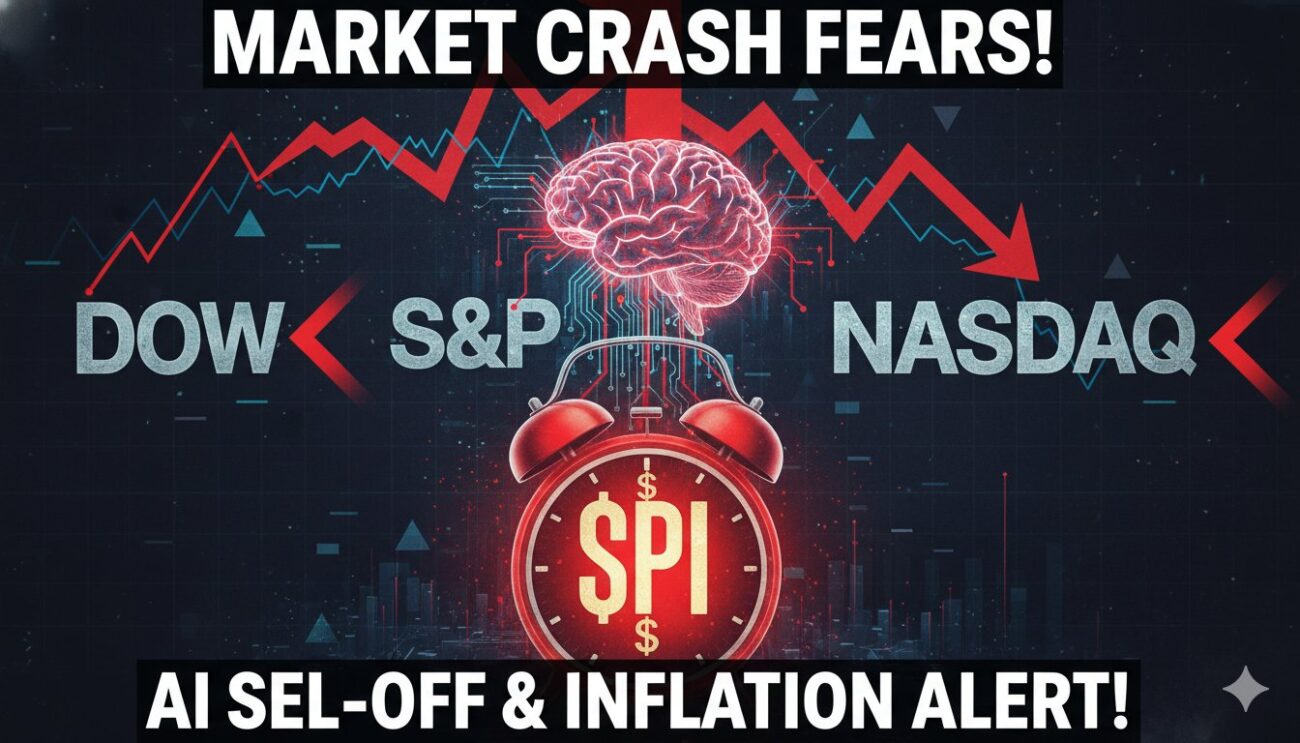 Alt Text for featured image : US stock market futures chart showing declines in Dow, S&P 500, and Nasdaq amid AI concerns and CPI data release