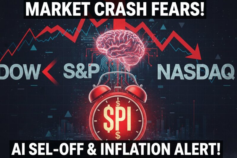 Alt Text for featured image : US stock market futures chart showing declines in Dow, S&P 500, and Nasdaq amid AI concerns and CPI data release