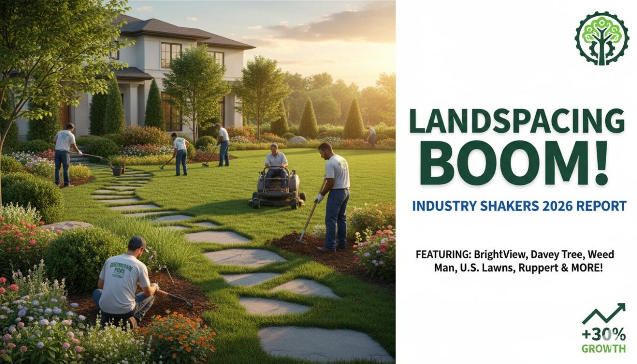 Alt Text for featured image : Aerial view of a well-maintained commercial landscape with green lawns, trees, and modern hardscaping in an urban business park setting.