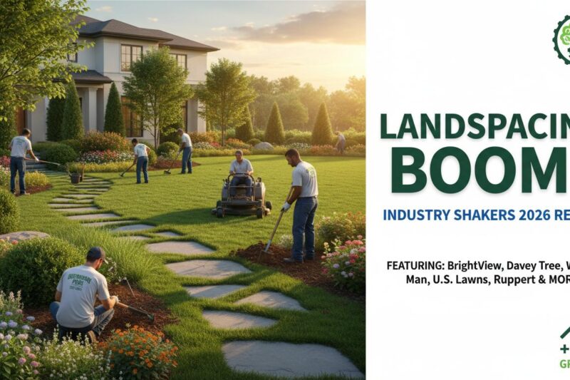 Alt Text for featured image : Aerial view of a well-maintained commercial landscape with green lawns, trees, and modern hardscaping in an urban business park setting.