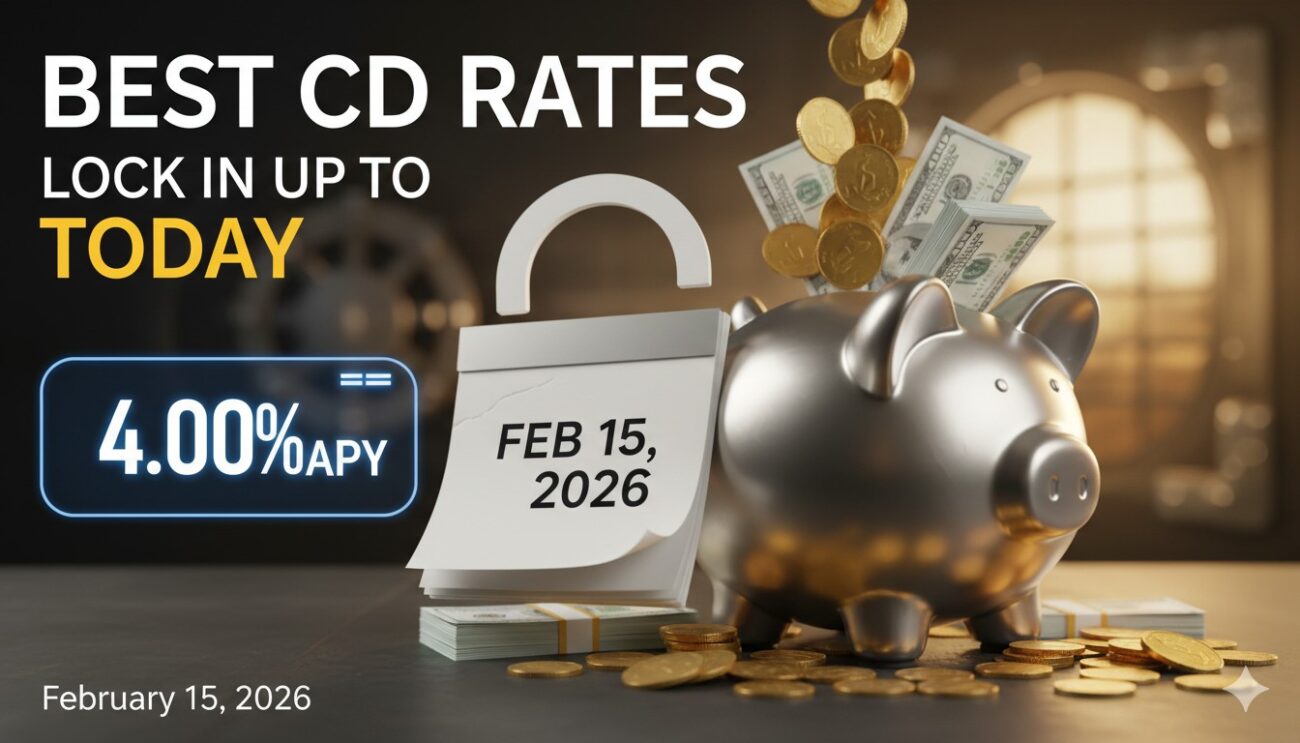 Graph showing top certificate of deposit interest rates up to 4.50% APY in February 2026 with various term lengths highlighted