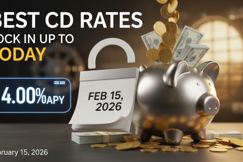 Graph showing top certificate of deposit interest rates up to 4.50% APY in February 2026 with various term lengths highlighted