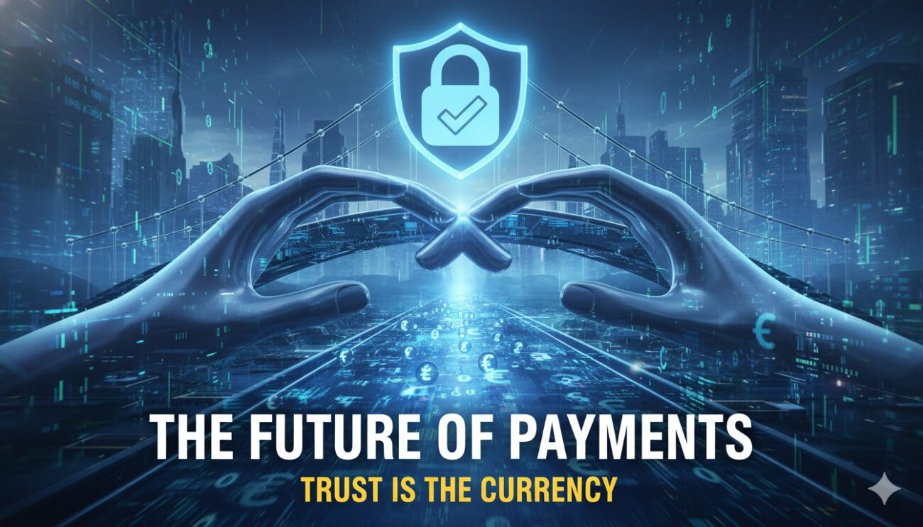 Abstract digital network illustrating trust layers in modern payment systems with secure locks, AI agents, and flowing currency symbols representing the future of secure transactions.