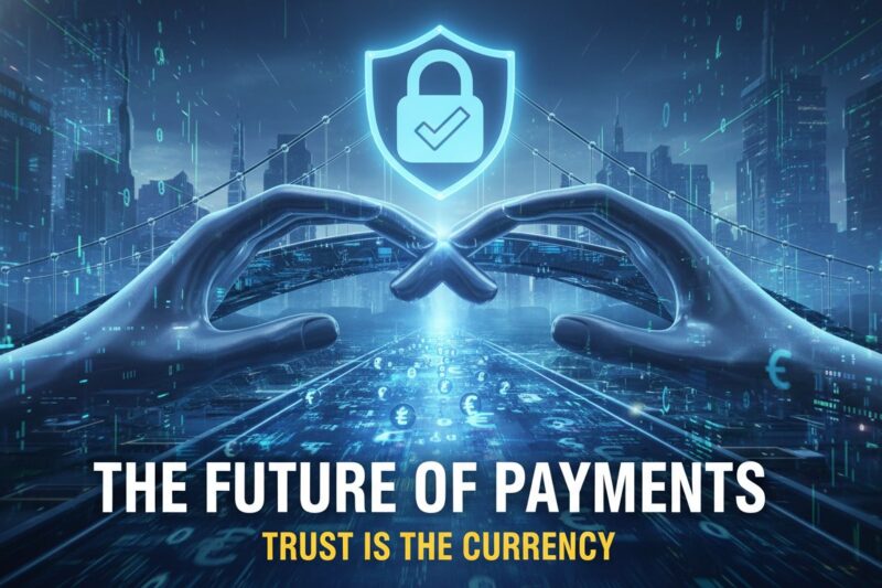 Abstract digital network illustrating trust layers in modern payment systems with secure locks, AI agents, and flowing currency symbols representing the future of secure transactions.
