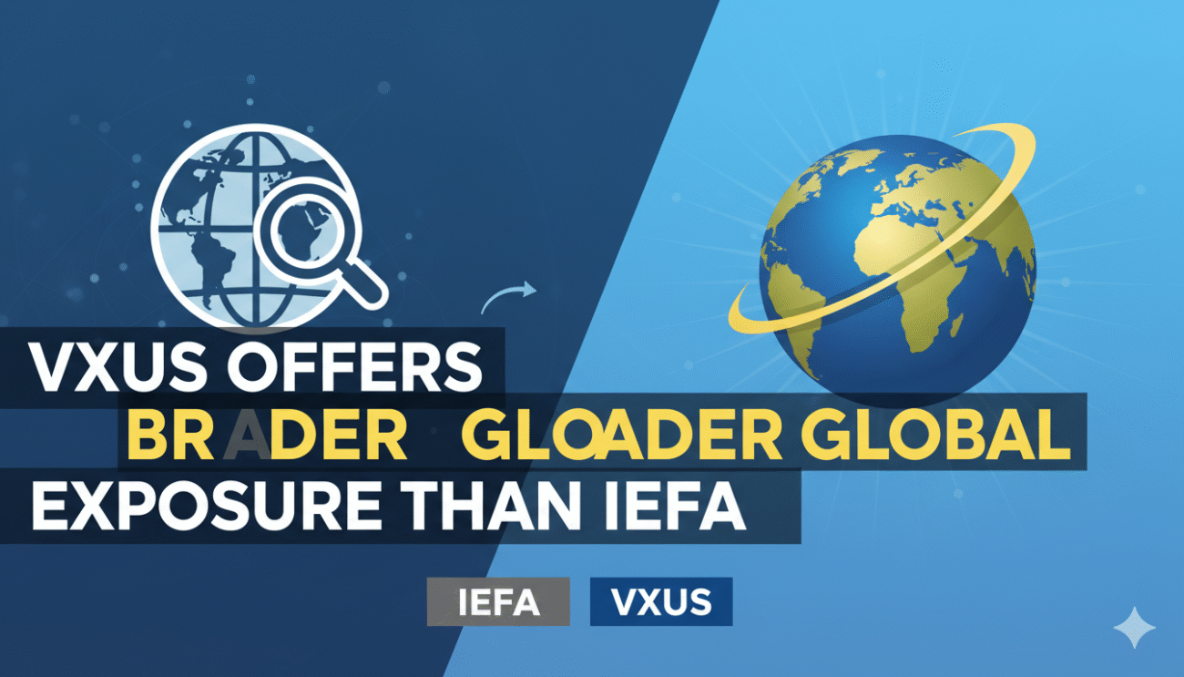 Comparison chart of VXUS and IEFA ETFs showing broader global exposure with holdings and market coverage differences