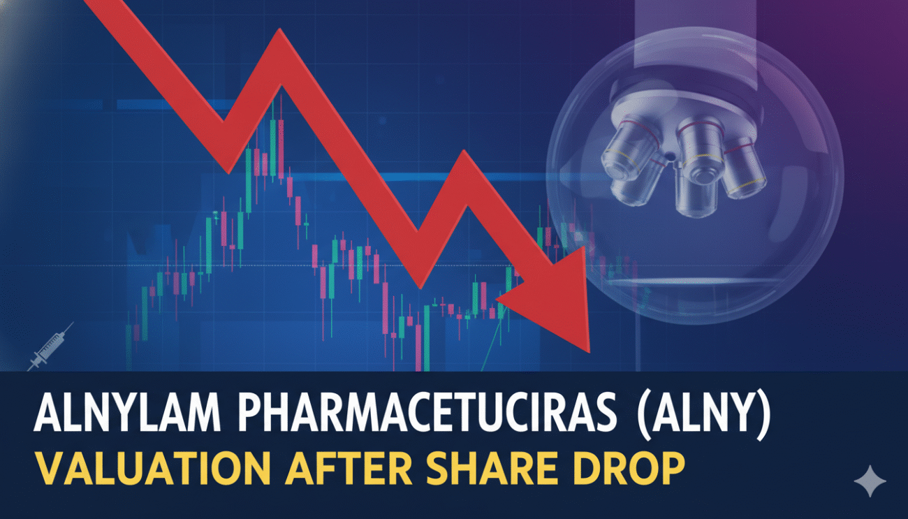 Chart showing Alnylam Pharmaceuticals (ALNY) stock price trend with recent weakness and valuation metrics overlay