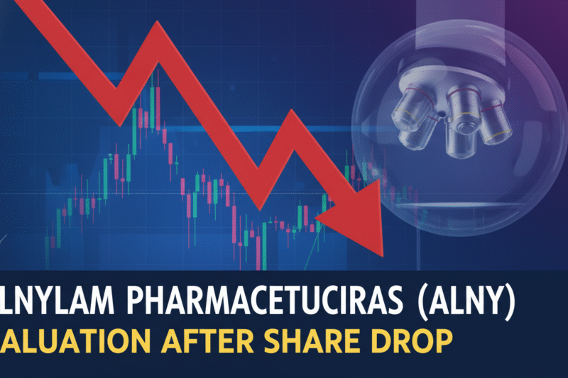 Chart showing Alnylam Pharmaceuticals (ALNY) stock price trend with recent weakness and valuation metrics overlay