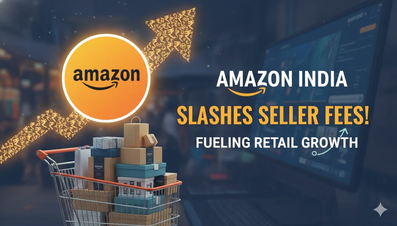 Amazon India logo with Indian rupee symbols and seller fee reduction graphic illustrating cost savings for merchants
