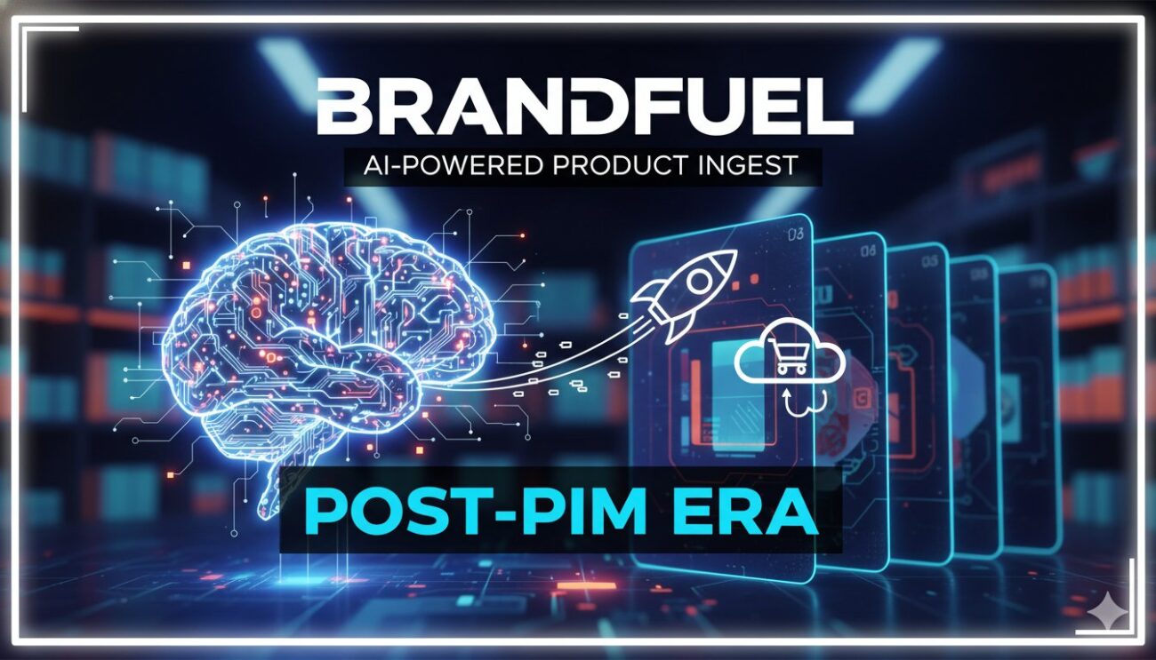AI-powered product data ingestion interface showing automated enrichment from various sources in Brandfuel platform