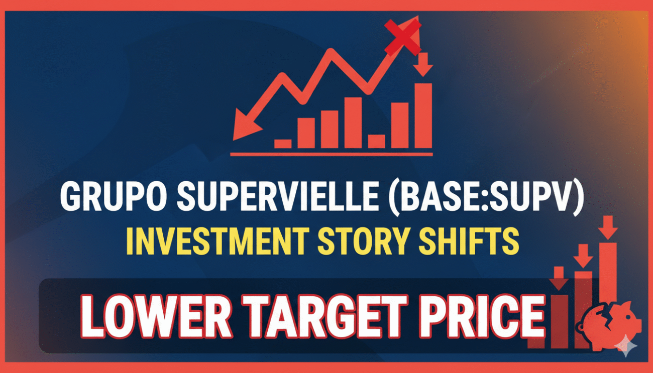 Chart showing Grupo Supervielle SUPV stock price trend with analyst target price adjustments and recent financial metrics overlay.