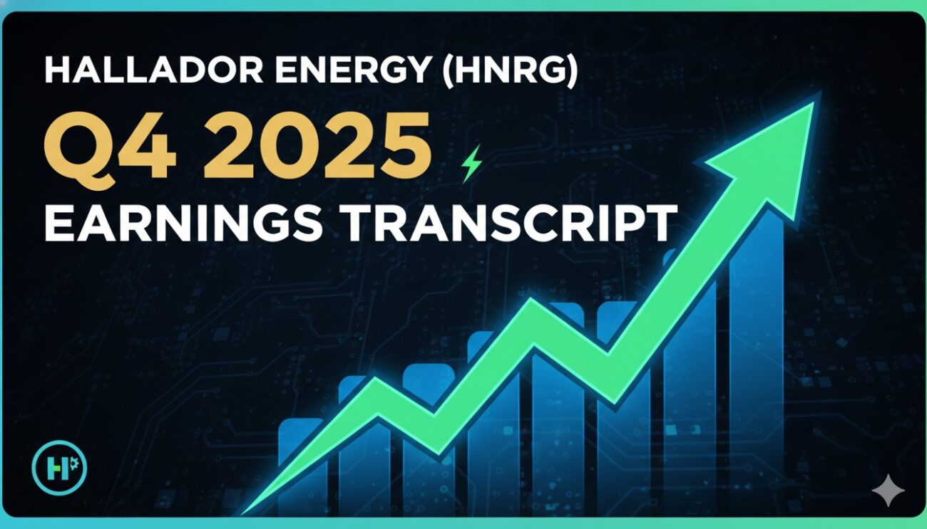 Hallador Energy Company logo and stock ticker HNRG with financial charts showing revenue growth in 2025
