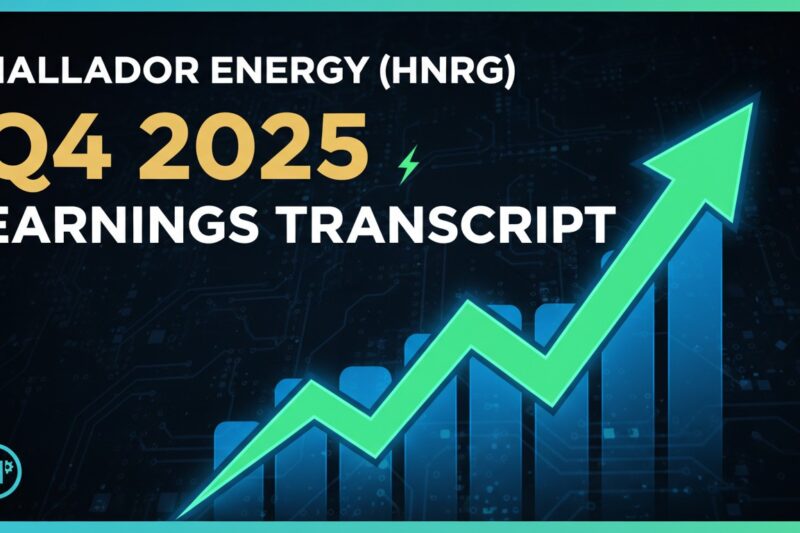 Hallador Energy Company logo and stock ticker HNRG with financial charts showing revenue growth in 2025