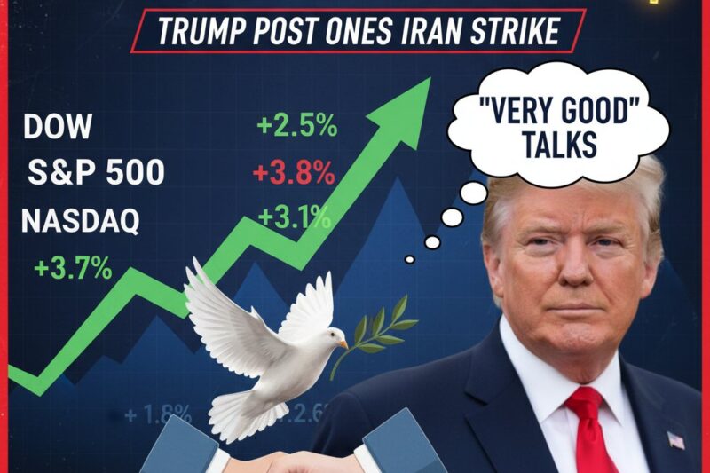 U.S. stock market indexes surging with upward arrows on charts representing Dow, S&P 500, and Nasdaq gains amid geopolitical de-escalation news.