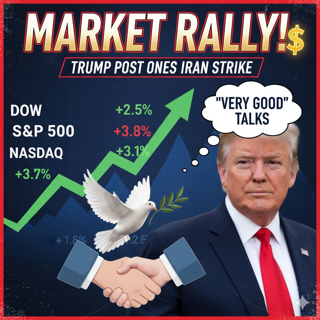 U.S. stock market indexes surging with upward arrows on charts representing Dow, S&P 500, and Nasdaq gains amid geopolitical de-escalation news.